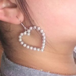 Silver heart pearl earrings